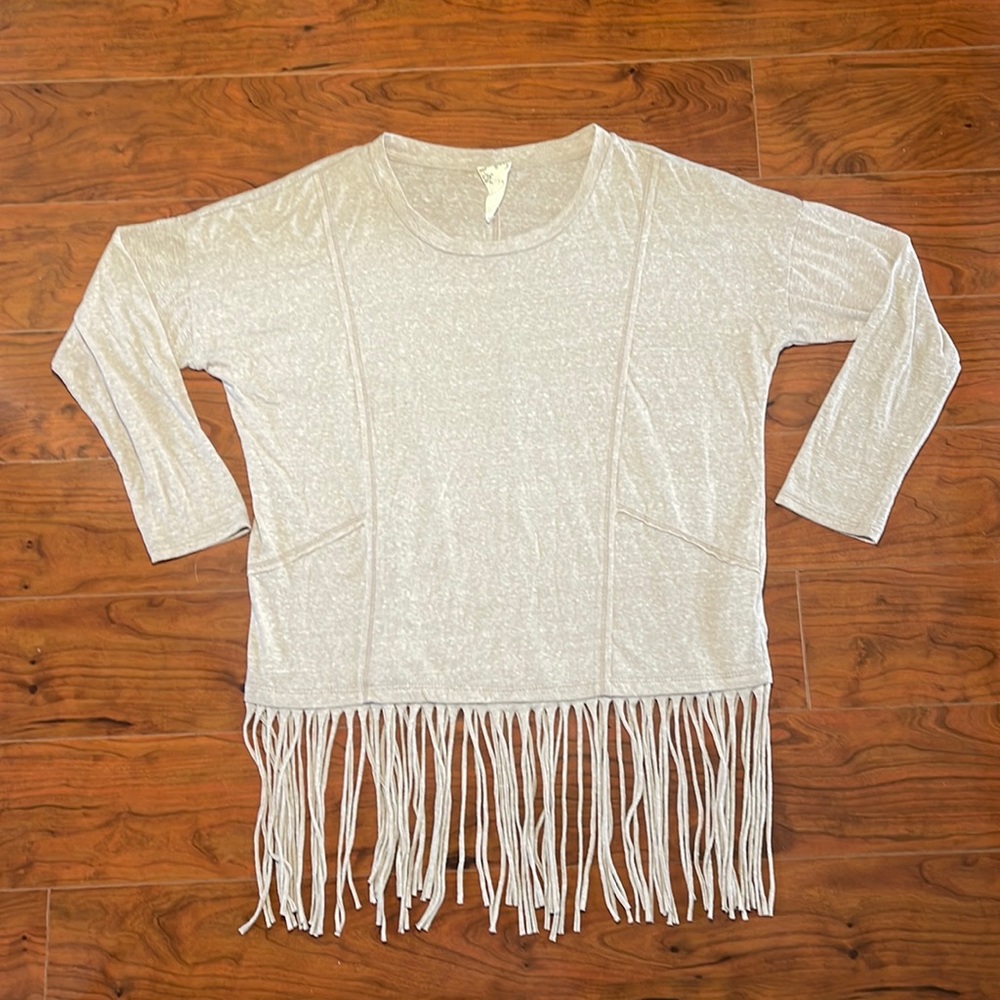 COPY - Blu Pepper Beige Tan Tassel Hem Long Sleeve Shirt Blouse Top